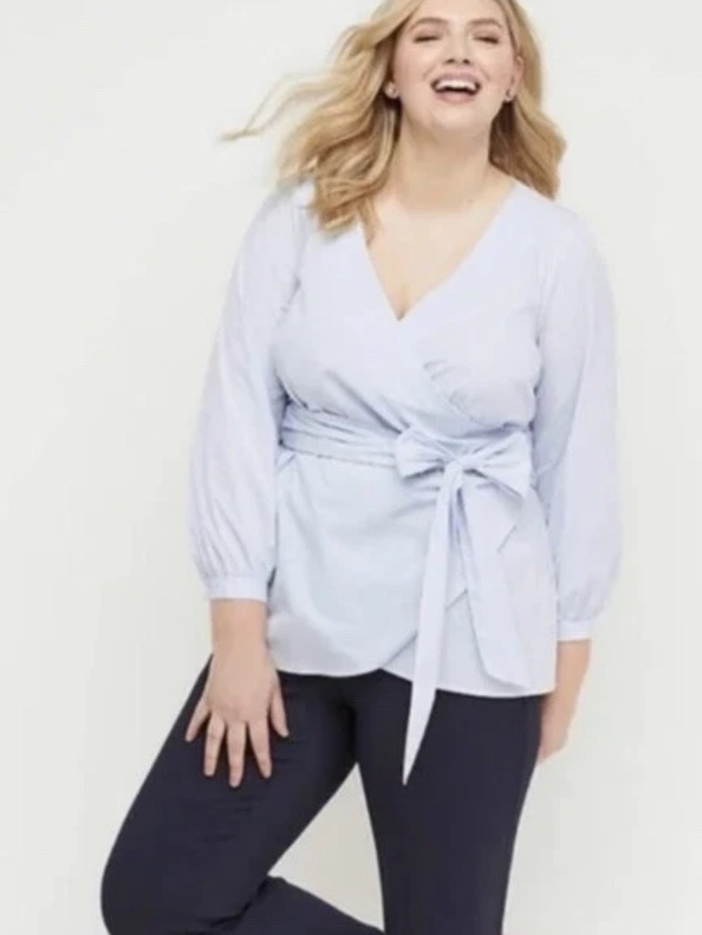 Lane Bryant Top Woman’s 22 Wrap Gingham Poplin White Blue Long Sleeve Blouse